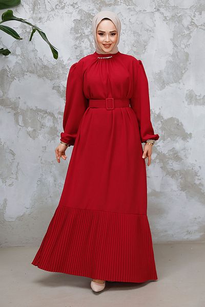 Neva Style Rochie roșie hijab cu centură cu cataramă 65878K