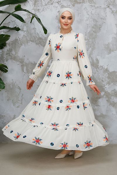 Neva Style Φόρεμα Hijab εκρού με κέντημα 45541E