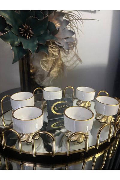 ARS HOME DEKOR Special Design Porcelain Gold Gilded Round Metal Leg 6-Piece Coffee Side Turkish Delight Bowl, Sauce Bowl, Jam Bowl