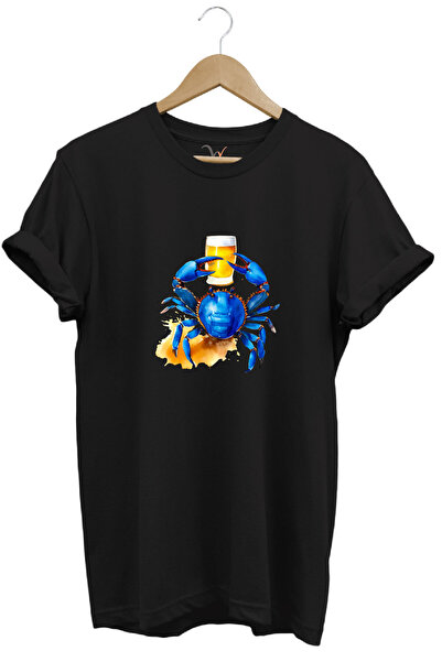 WİDİ Καλοκαιρινό εμπριμέ μπλε καβούρι 100% βαμβακερό μαύρο μπλουζάκι με κανον...