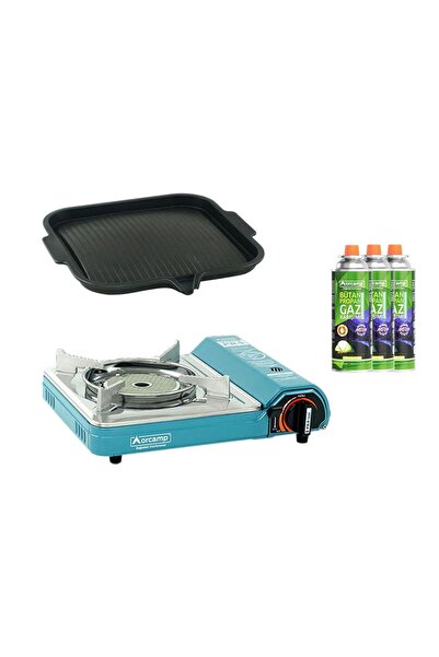 Orcamp Seramik Pro Kamp Ocak Mavi CK-508+Izgara Tava CK-505-1+3 Adet Kartuş KTS-227 ORC-009-B3