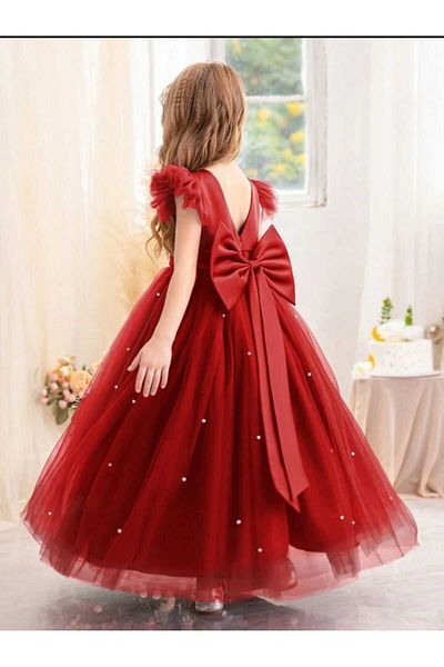 NSMLİFE Gathered/Ruffle Sleeves Red Color Long Pearls Girls' Princess Dress Graduation Birthday Dress