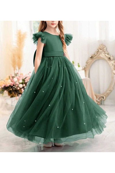 NSMLİFE Smocked/Ruffle Sleeve Emerald Long Pearls Girls' Princess Dress Graduation Birthday Dress
