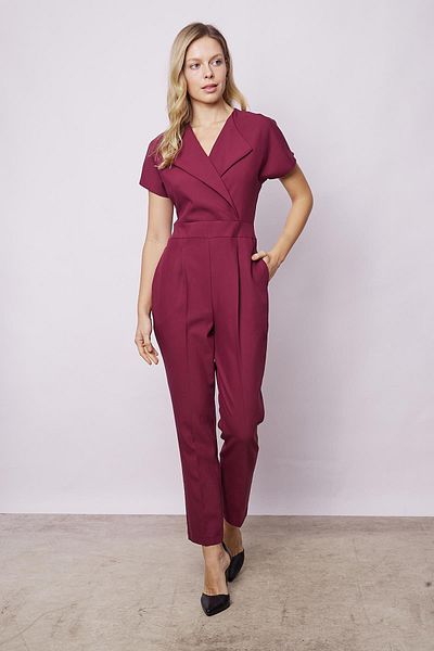 Jument Stylish and Lightweight Lycra Wrap Neckline Off-Shoulder Lace-Up Ankle Length Office Jumpsuit - Burgundy