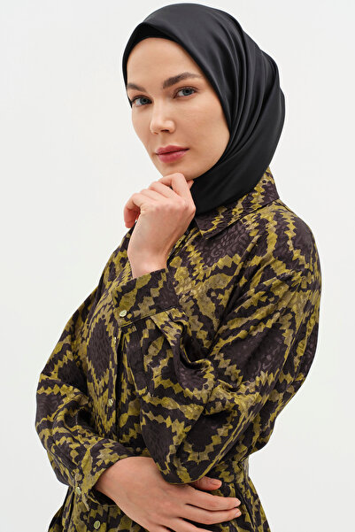 Tuğba Kuşaklı Yırtmaç Detaylı Desenli Tunik - Haki