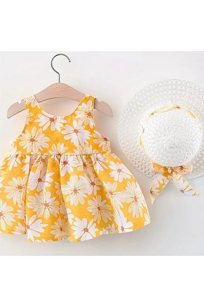 darko Yellow and White Daisy Dress Floral Fedora Hat Set with Ribbon Cute Baby Girl Eid Set with Hat