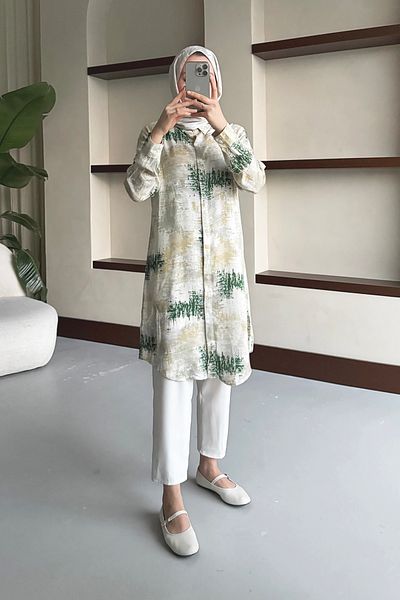 MODAQU Green Cotton Viscose Brush Pattern Tunic