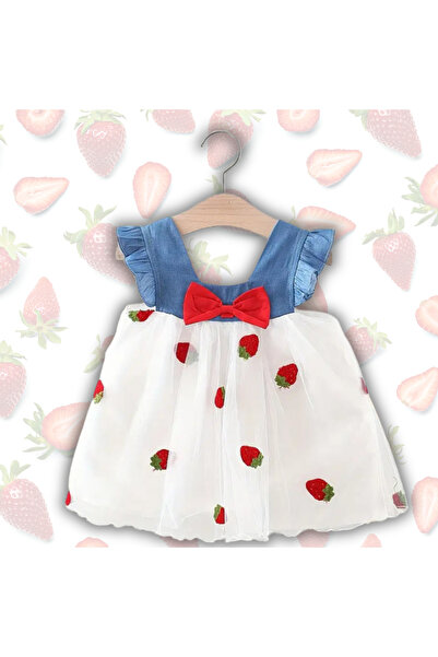 darko Çilek Beyaz Kırmızı Kot Tütülü Tütü Etekli Sevimli Kız Bebek Elbise Bay...