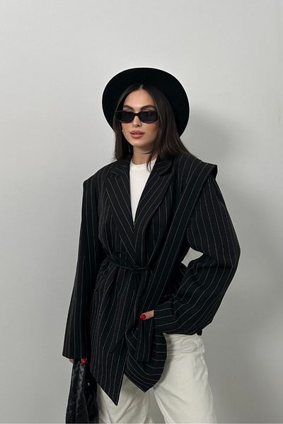 msm fashion Ριγέ Oversize Blazer Γυναικείο Μπουφάν - Ζώνη και Λεπτομέρεια ώμου