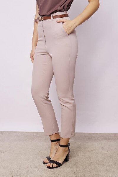 Jument Women's High Waist Side Pocket Ankle Length Belt Lightweight Lycra Fabric Pants(Including Belt)-Stone