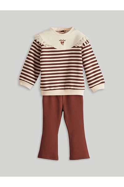 LC Waikiki Lcw Kids Brown Striped Girls' Sweatshirt and Pants - Set of 2