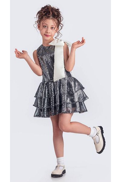 Tarz Çocuk Glittering Sequin Bow Detailed Girl's Dress