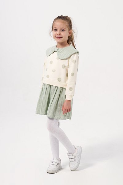 Minipodyum Rochie de sezon pentru fetiță, cu mâneci lungi, cu decor de muselină cu buline