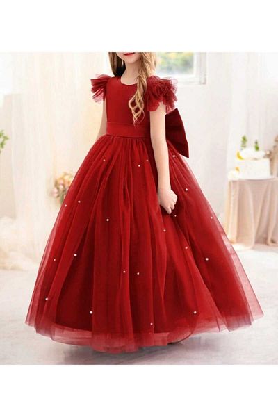 NSMLİFE Gathered/Ruffle Sleeves Red Color Long Pearls Girls' Princess Dress Graduation Birthday Dress