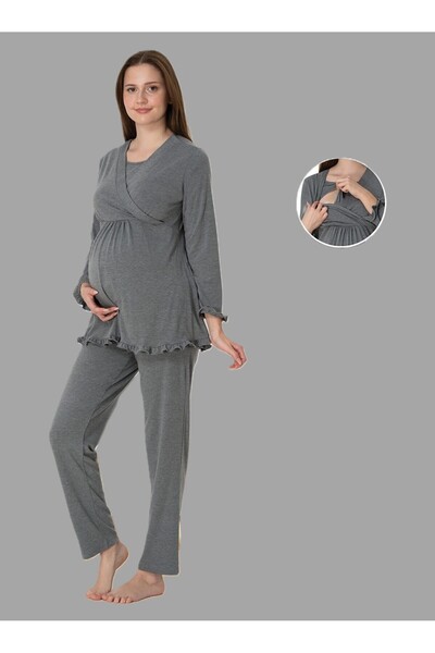 LOHOUSE Kadın Füme Uzun Kol Kruvaze Lohusa Hamile Pijama Takım