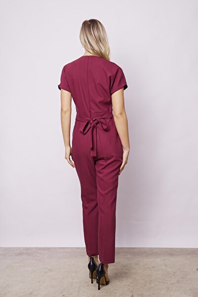 Jument Stylish and Lightweight Lycra Wrap Neckline Off-Shoulder Lace-Up Ankle Length Office Jumpsuit - Burgundy
