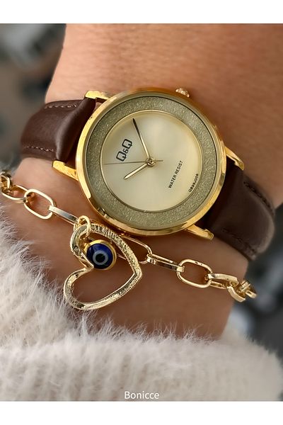 Q&Q Brand Brown Leather Cord, Women's Wrist Watch Bracelet with Heart