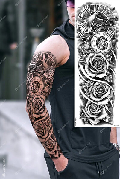BP Tattoo Saat ve Gül Kol Kaplama Tattoo Kol Dövmesi