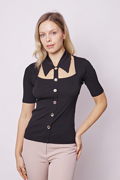 Jument Black Lycra Short Sleeve Bodysuit - Metal Button Detail