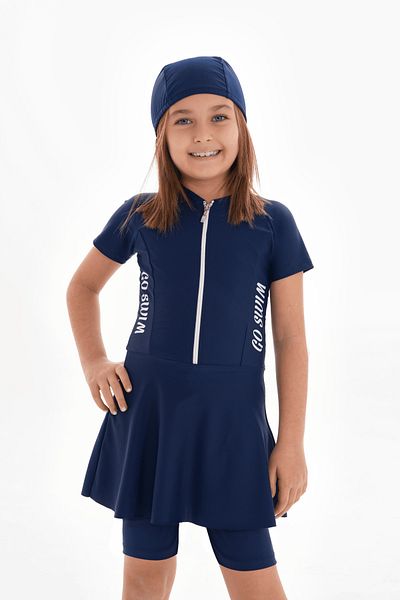 pistyle Boned Imported Fabric with Girls' Skirt and Shorts +40 Factor Sun Protection Navy Blue Color Go Swim