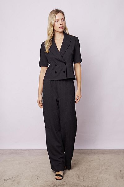 Jument Women's Crinkle Fabric High Waist Elastic Waist Side Pocket Wide Leg Palazzo Pants-Black