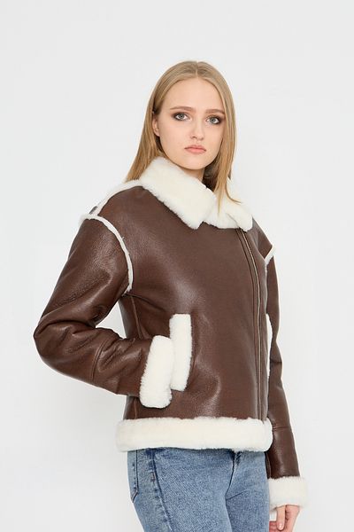 By Marki Marki Brown and White Genuine Shearling Coat for Women - Double Breasted Neckline, Oversize, 70 cm - 116322