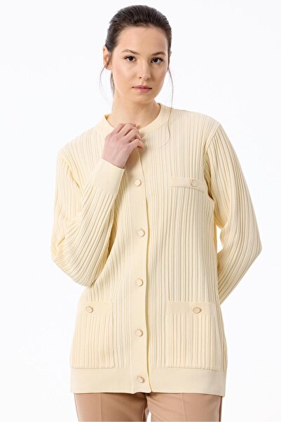 Tığ Triko Cep Detaylı Triko Hırka EKRU