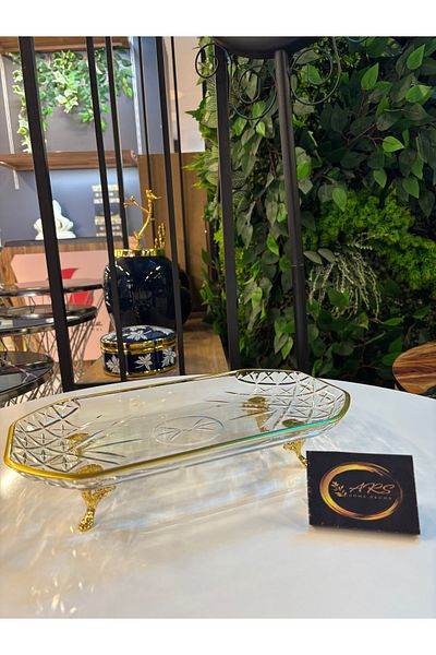 ARS HOME DEKOR Paşabahçe Timeless Gold Gilded Metal Short Gold Legs Decorative Presentation Tray, Boat Plate