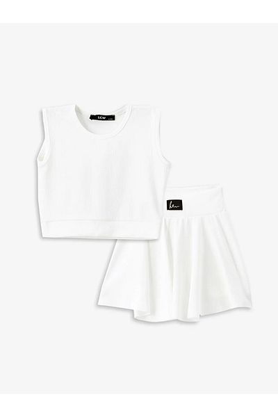 LC Waikiki Lcw Kids White Crew Neck Girls' Undershirt and Shorts Skirt