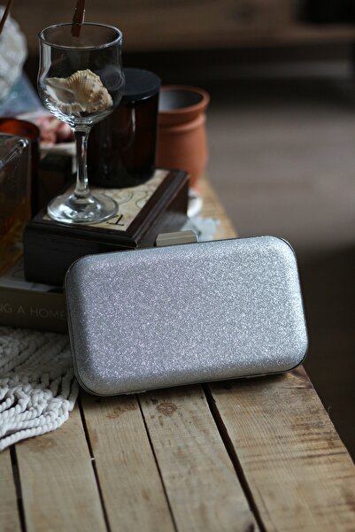 Moom Bag Women's Silver Glitter Texture Clip Detailed Evening Dress Hand Shoulder Bag