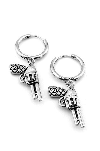 Solfera Revolver Altitudes Pistol Gun Stainless Steel Hoop Mens Earrings Er184