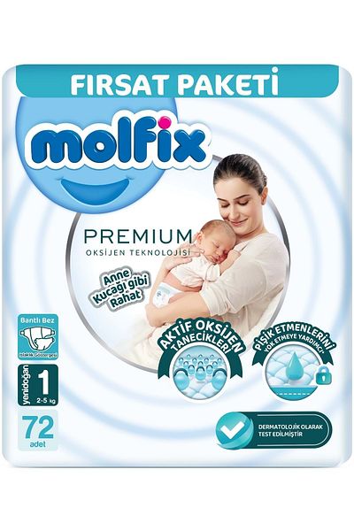 Molfix Premium Baby Diaper Size: 1 (2-5kg) Newborn 144 Pieces Economical Ultra Opportunity Pk + 3 Wipes