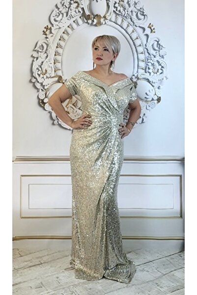 SANİSE Büyük Beden Uzun Payetli Gold Renk Abiye Elbise