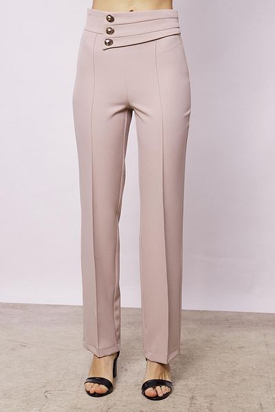 Jument Women's Office Pants with High Waist and Buttons - Lightweight Lycra, Stitching Detail Belt
