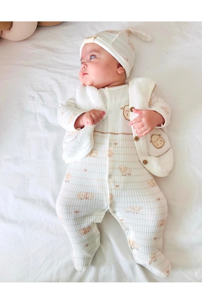 BABYLİM Kalpli Kuzucuklar Tulum Seti %100 Pamuk Unisex Bebek