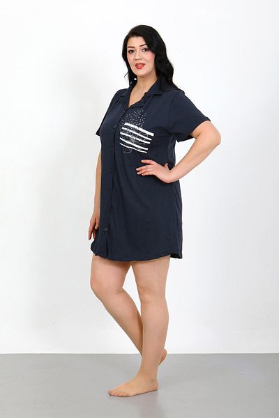 Akbeniz Large Size Combed Cotton Buttoned Navy Blue Tunic Nightgown 1025