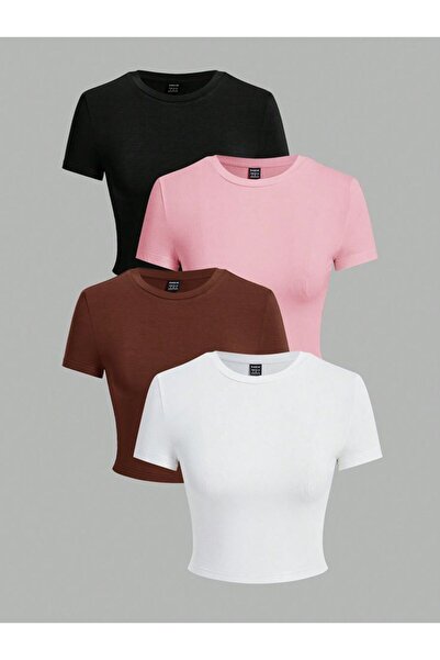 ÖZ PAMUK Női 4 részes bordás 100% pamut nyakú kötött Crop póló