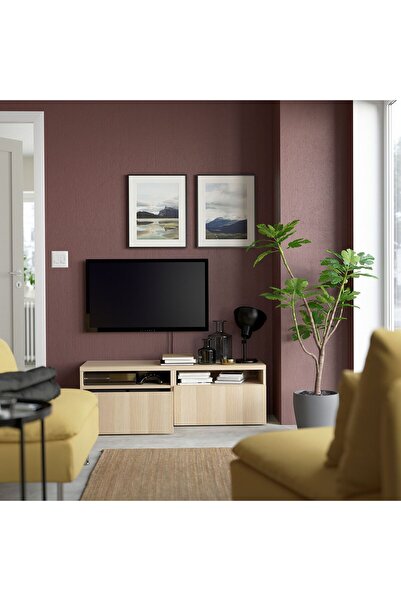 IKEA tv sehpası, ağartılmış meşe görünümlü, 120x42x39 cm, LAPPVIKEN, fren raylı