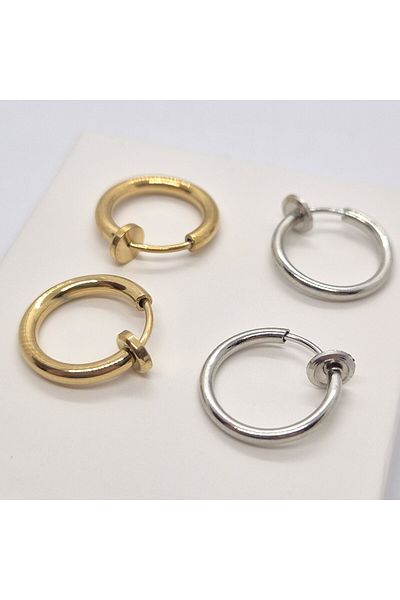 Set Stainless Steel Compression (2 Pairs) Fake Perforation Free (12 mm) Hoop Earrings