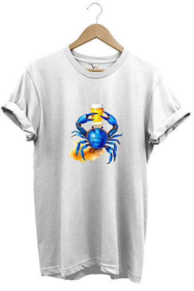 WİDİ Καλοκαιρινό εμπριμέ μπλε καβούρι 100% βαμβακερό λευκό μπλουζάκι με κανον...