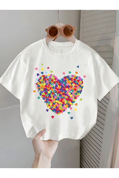 Let's Wear Πολύχρωμο μπλουζάκι με στάμπα καρδιάς με λαιμόκοψη για κορίτσια