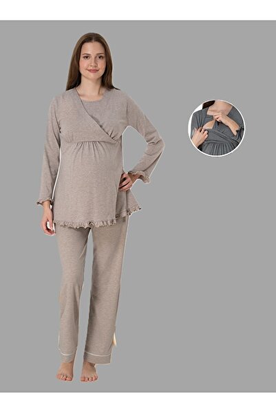 LOHOUSE Kadın Bej Uzun Kol Kruvaze Lohusa Hamile Pijama Takım