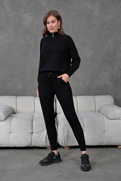 Irmak Kerekli Kadın Siyah Triko Fermuarlı Alt Üst Eşofman Takımı 1559