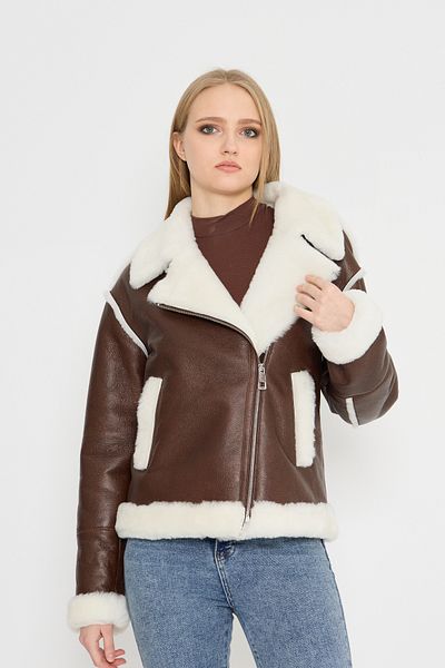 By Marki Marki Brown and White Genuine Shearling Coat for Women - Double Breasted Neckline, Oversize, 70 cm - 116322