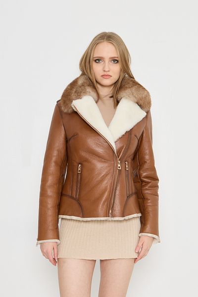By Marki Marki Genuine Leather Women's Coat - Tan, Special Fur Collar, Zippered Sleeves Detail, Antique Design - 116422