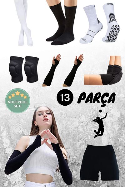 Sirius Sportswear 13 Pieces Volleyball Gift Set - Knee Pads, Elbow Braces, Ellik & Mini Shorts Anti-Slip Socks