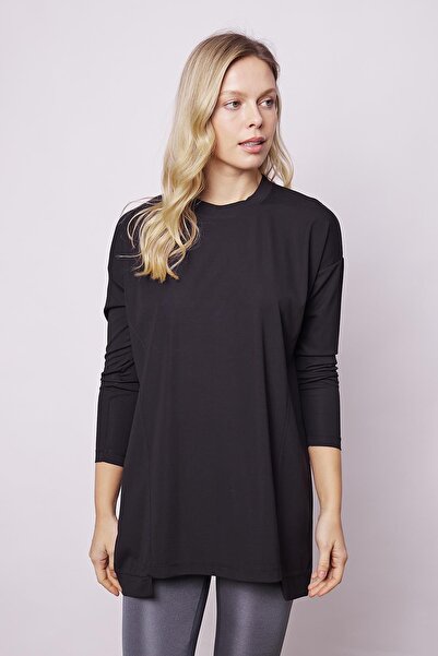Jument Black Women's Tunic Blouse - Crew Neck, Long Sleeve, Lightweight Lycra, Relaxed Fit(Hide the Belly)