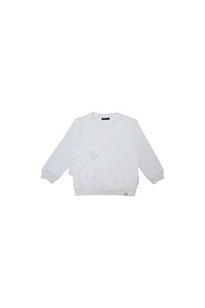 Sisley White Front Ruffle Detailed Girl's Sweatshirt Sis-G1114
