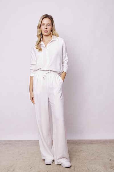 Jument Women's Palazzo Pants with White Linen Look - Elastic Waist, Pockets and Relaxed Fit