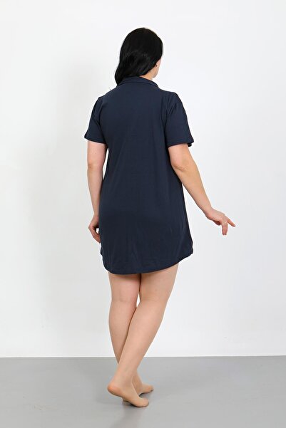 Akbeniz Large Size Combed Cotton Buttoned Navy Blue Tunic Nightgown 1025
